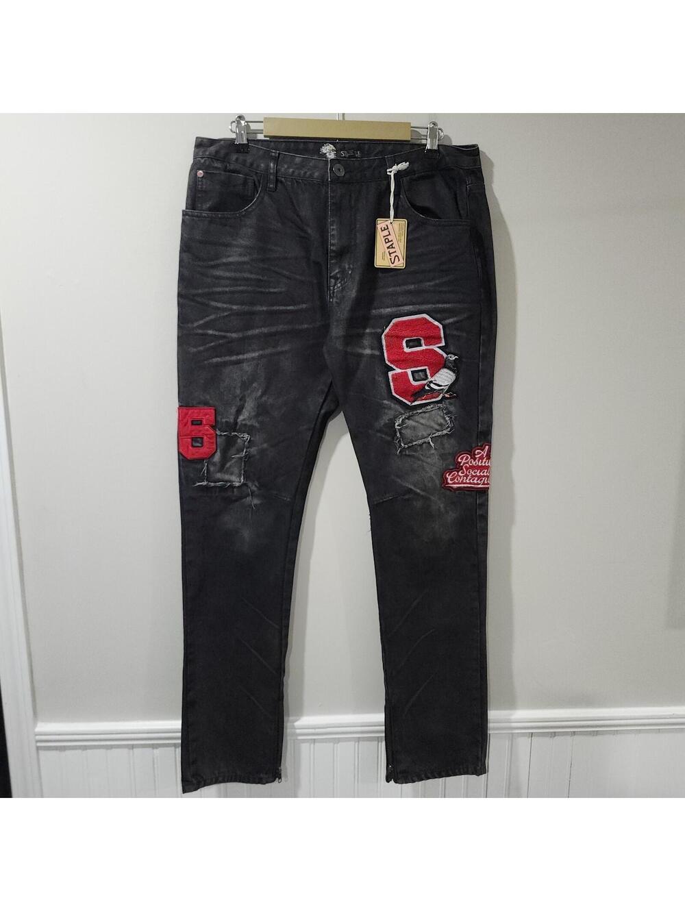 NWT Jeff Staple Embroidered Patch Distressed Jeans Work Skate Punk Hype 36x32
